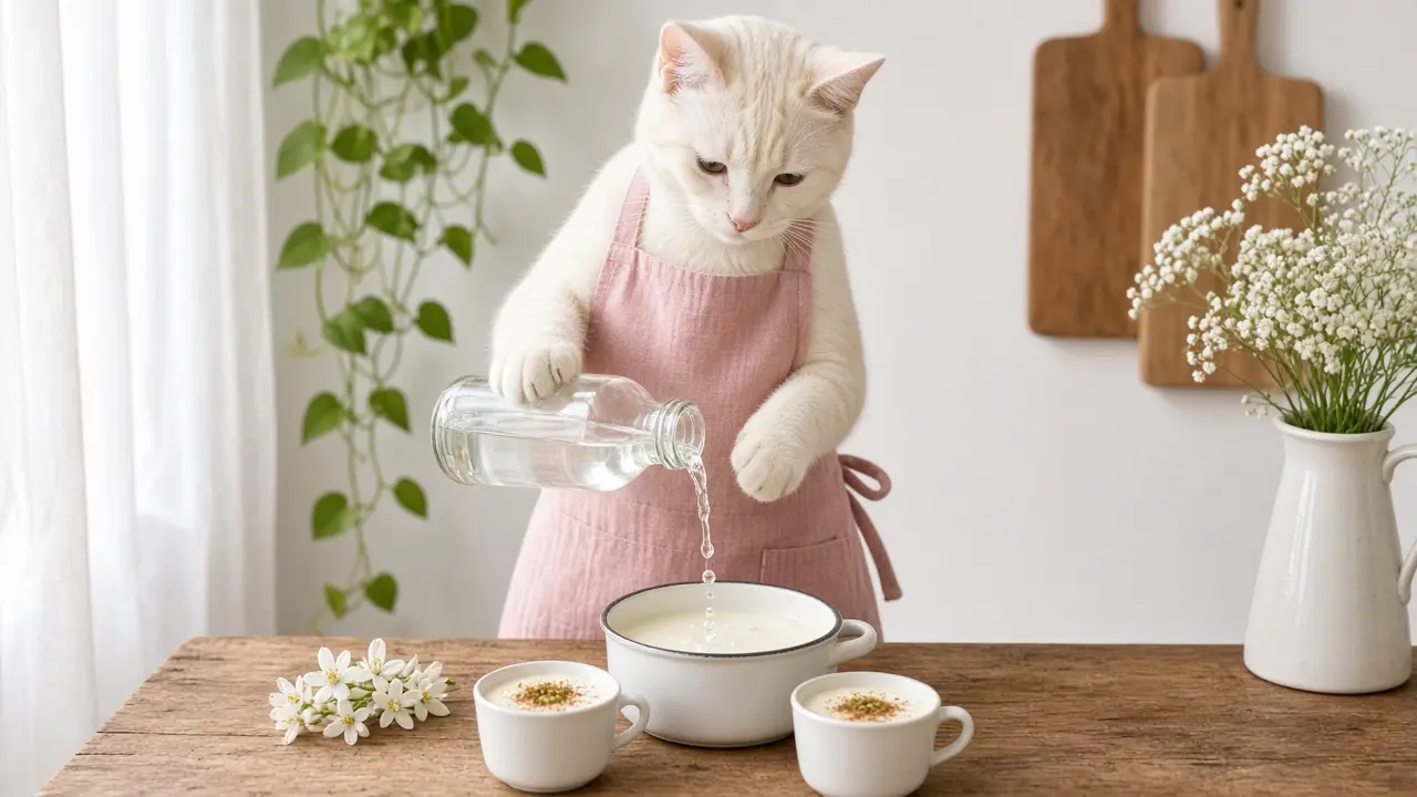 A cream-coloured cat in a pink apron, cooking this dish