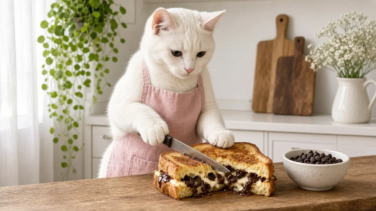 A cream-coloured cat in a pink apron, cooking this dish