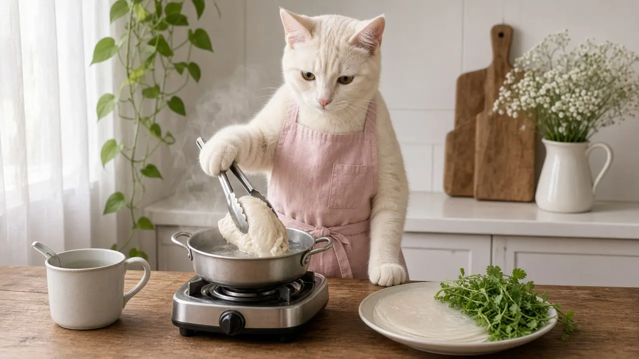 A cream-coloured cat in a pink apron, cooking this dish