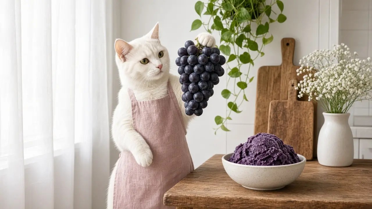 A cream-coloured cat in a pink apron, cooking this dish