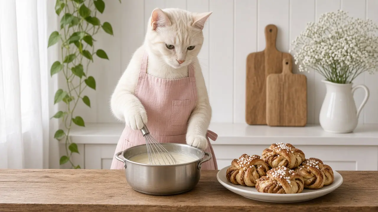 A cream-coloured cat in a pink apron, cooking this dish