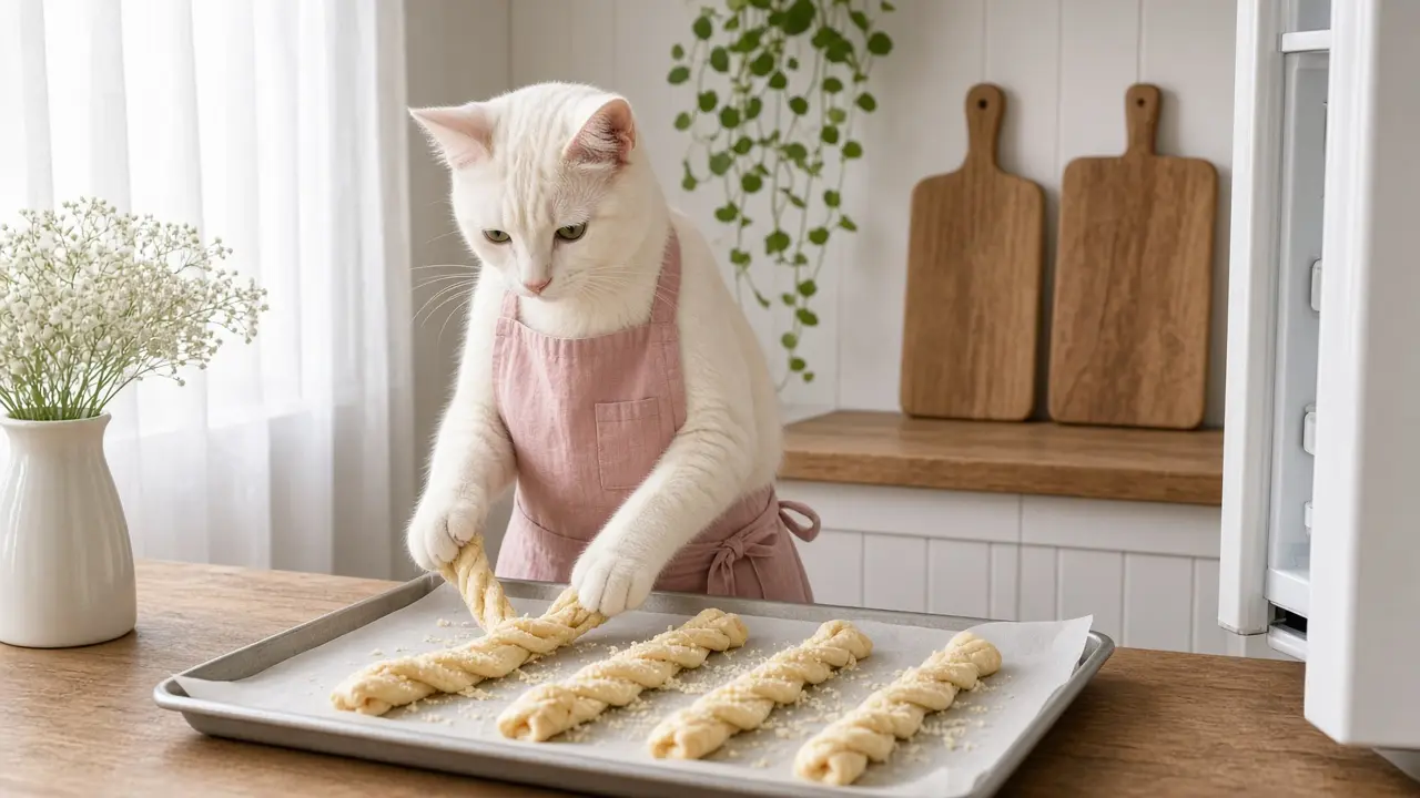 A cream-coloured cat in a pink apron, cooking this dish