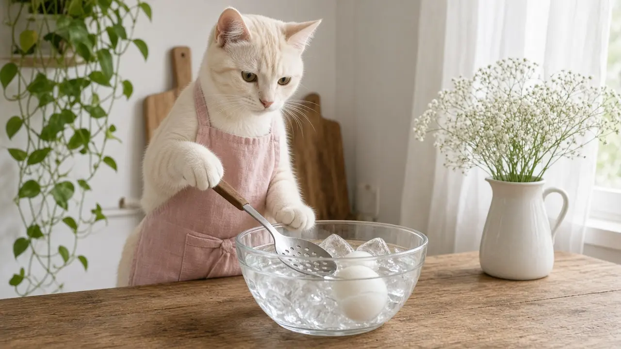 A cream-coloured cat in a pink apron, cooking this dish