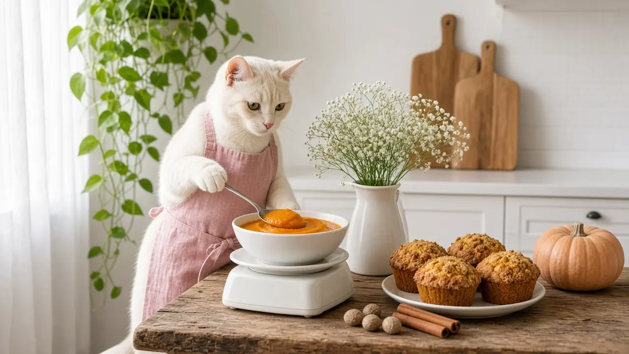 A cream-coloured cat in a pink apron, cooking this dish