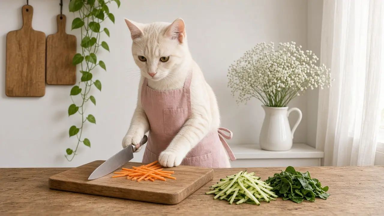 A cream-coloured cat in a pink apron, cooking this dish