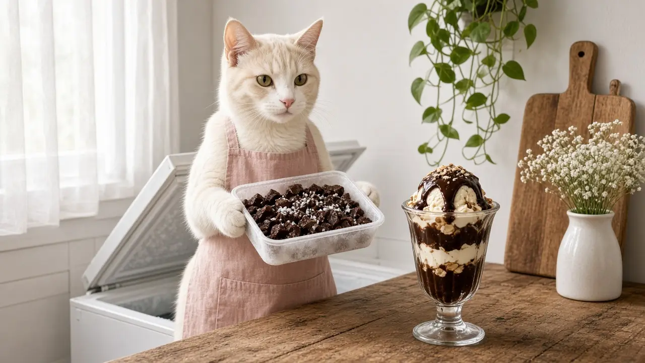 A cream-coloured cat in a pink apron, cooking this dish