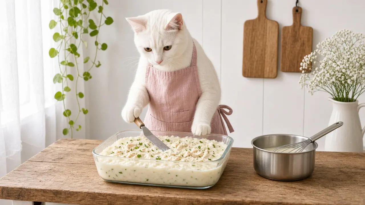 A cream-coloured cat in a pink apron, cooking this dish