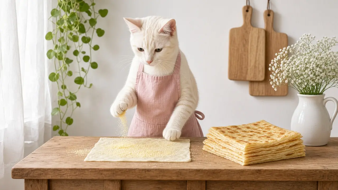 A cream-coloured cat in a pink apron, cooking this dish