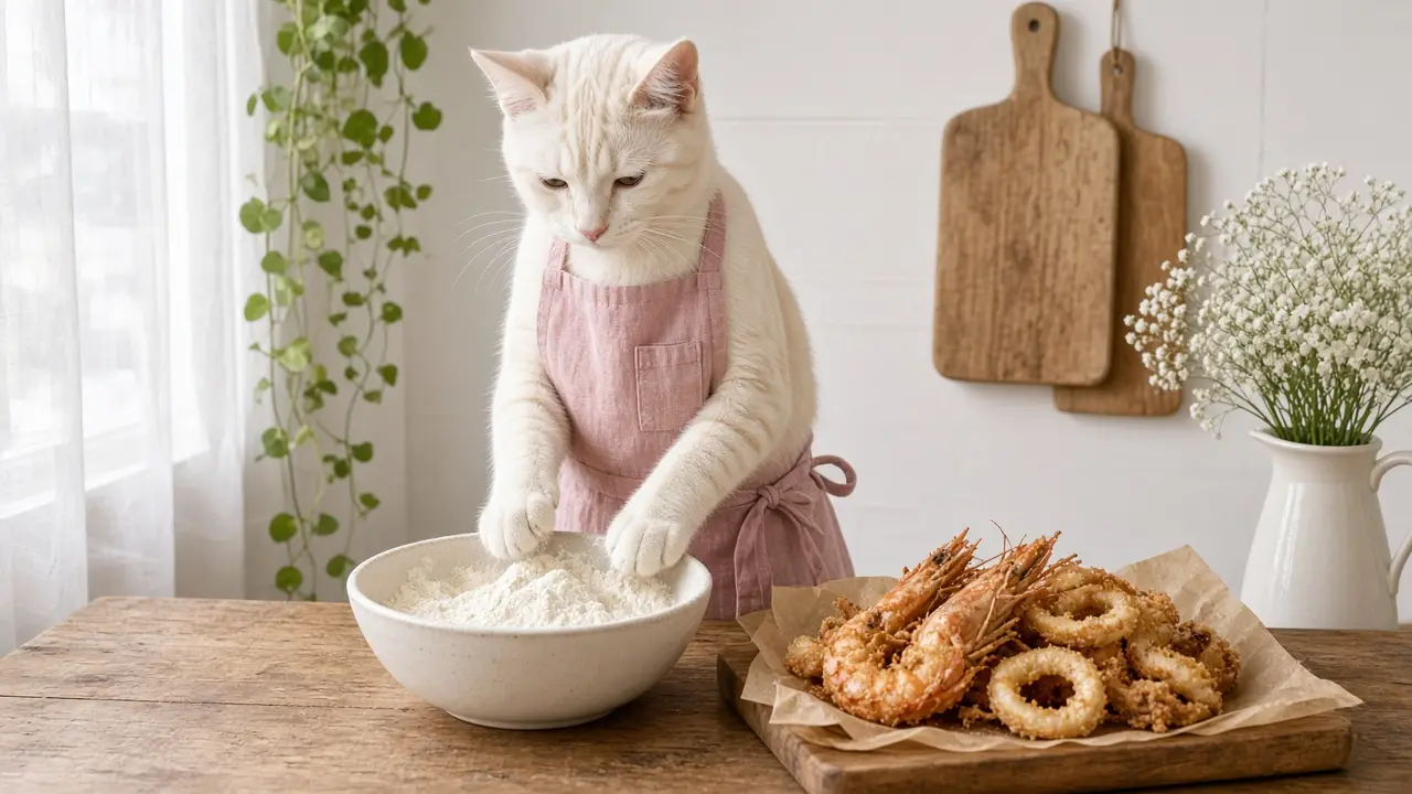 A cream-coloured cat in a pink apron, cooking this dish