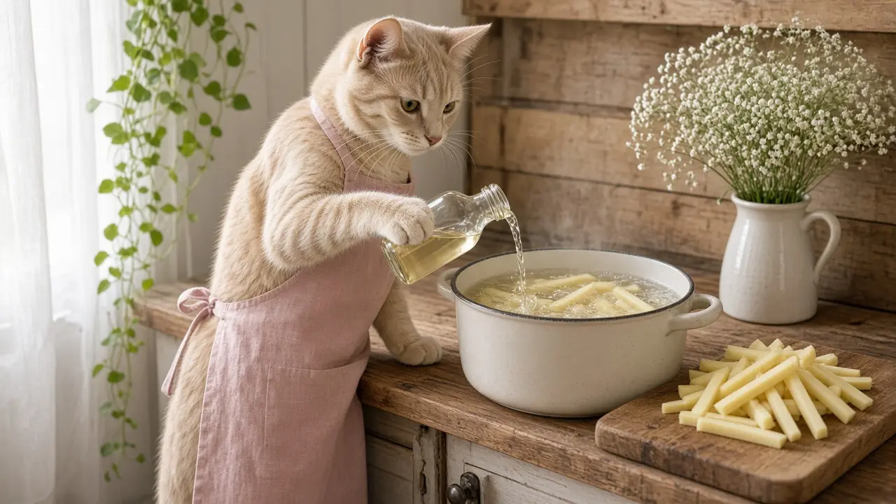 A cream-coloured cat in a pink apron, cooking this dish