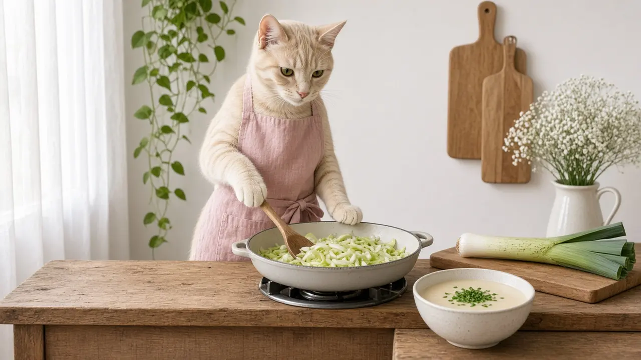 A cream-coloured cat in a pink apron, cooking this dish