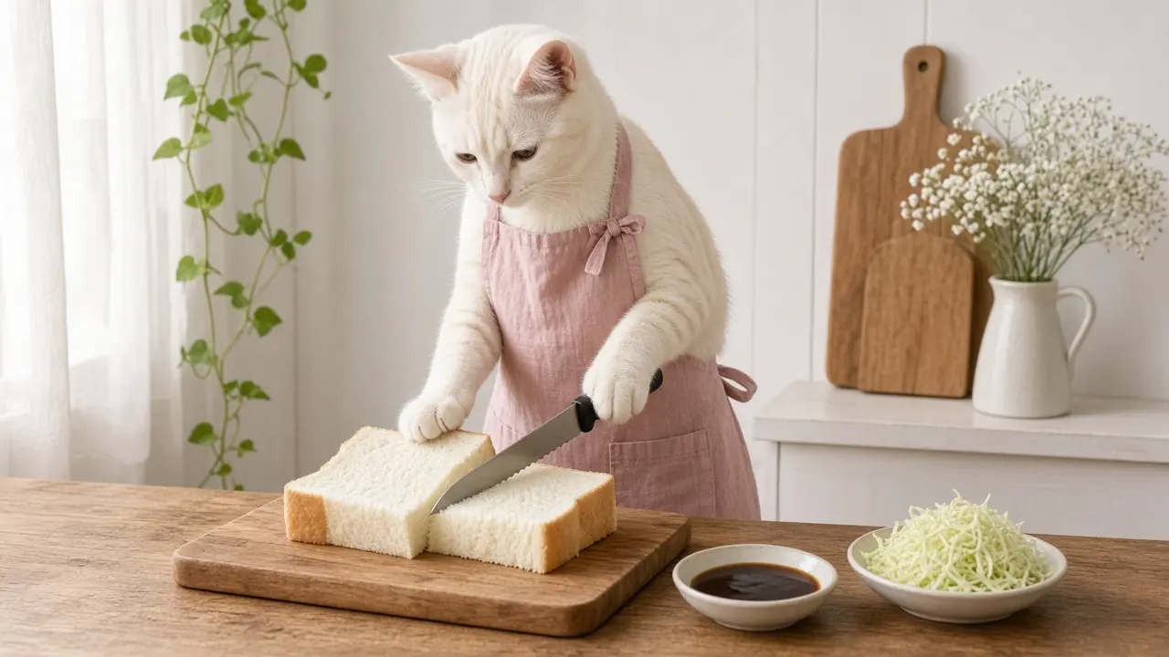 A cream-coloured cat in a pink apron, cooking this dish