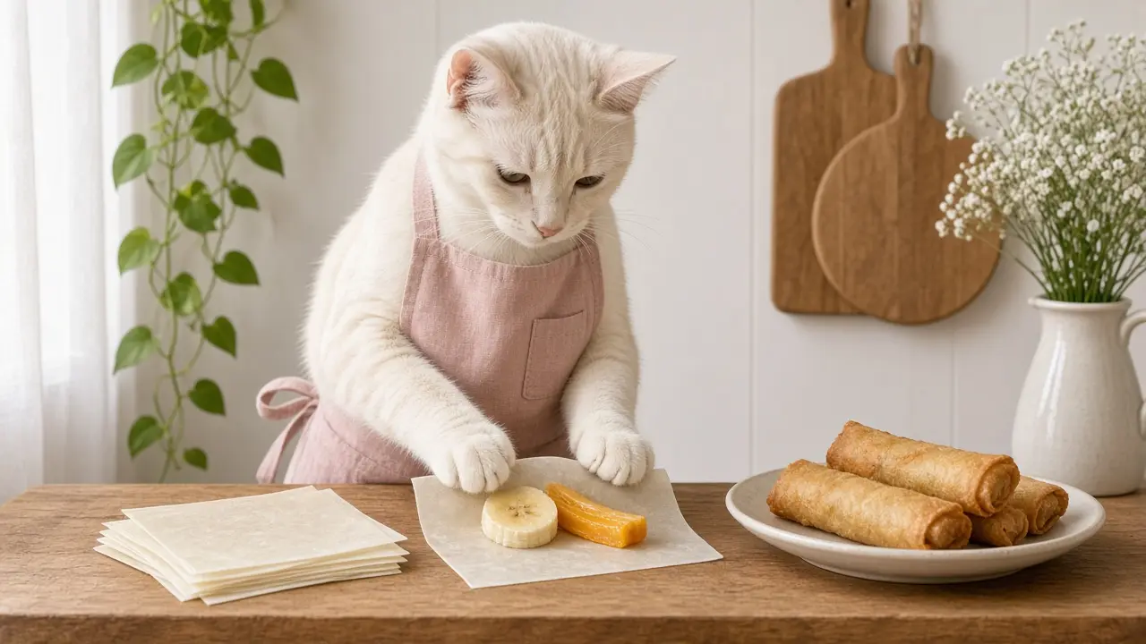 A cream-coloured cat in a pink apron, cooking this dish