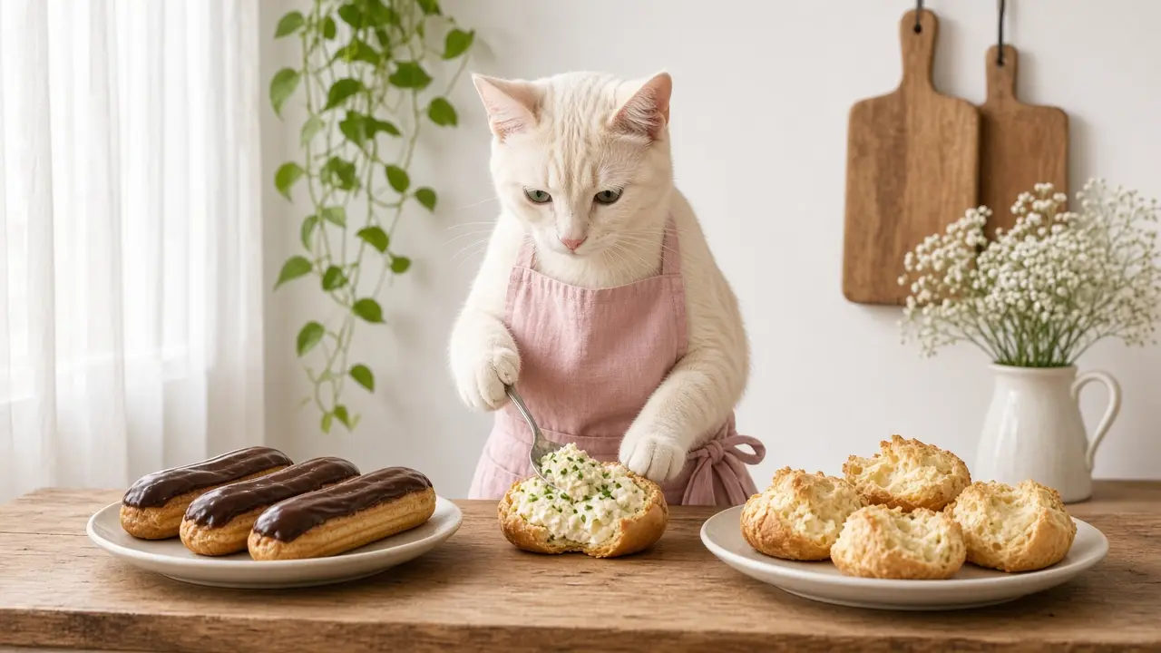 A cream-coloured cat in a pink apron, cooking this dish