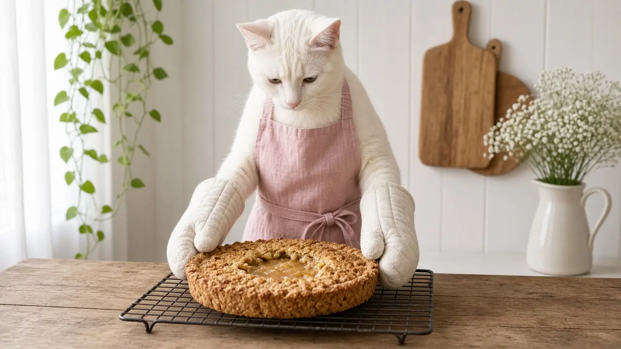 A cream-coloured cat in a pink apron, cooking this dish