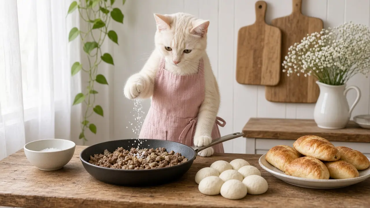 A cream-coloured cat in a pink apron, cooking this dish