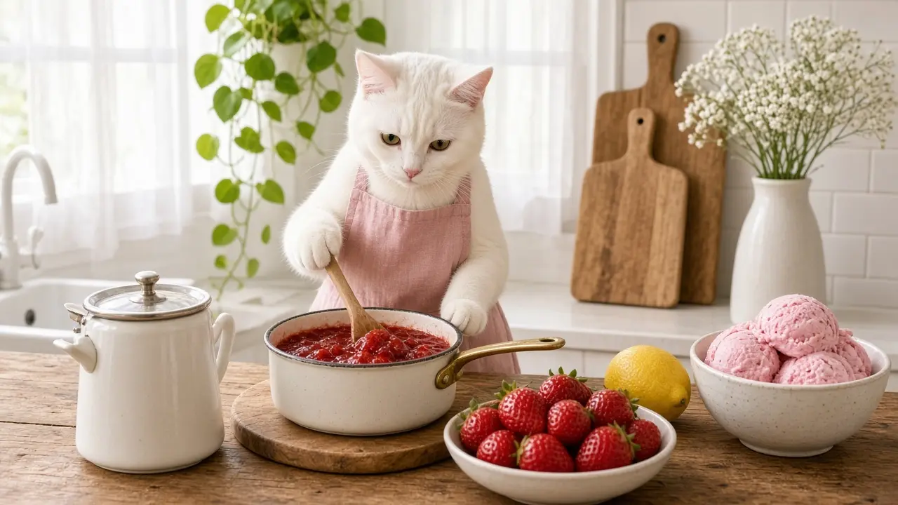 A cream-coloured cat in a pink apron, cooking this dish