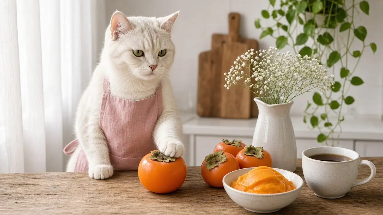 A cream-coloured cat in a pink apron, cooking this dish