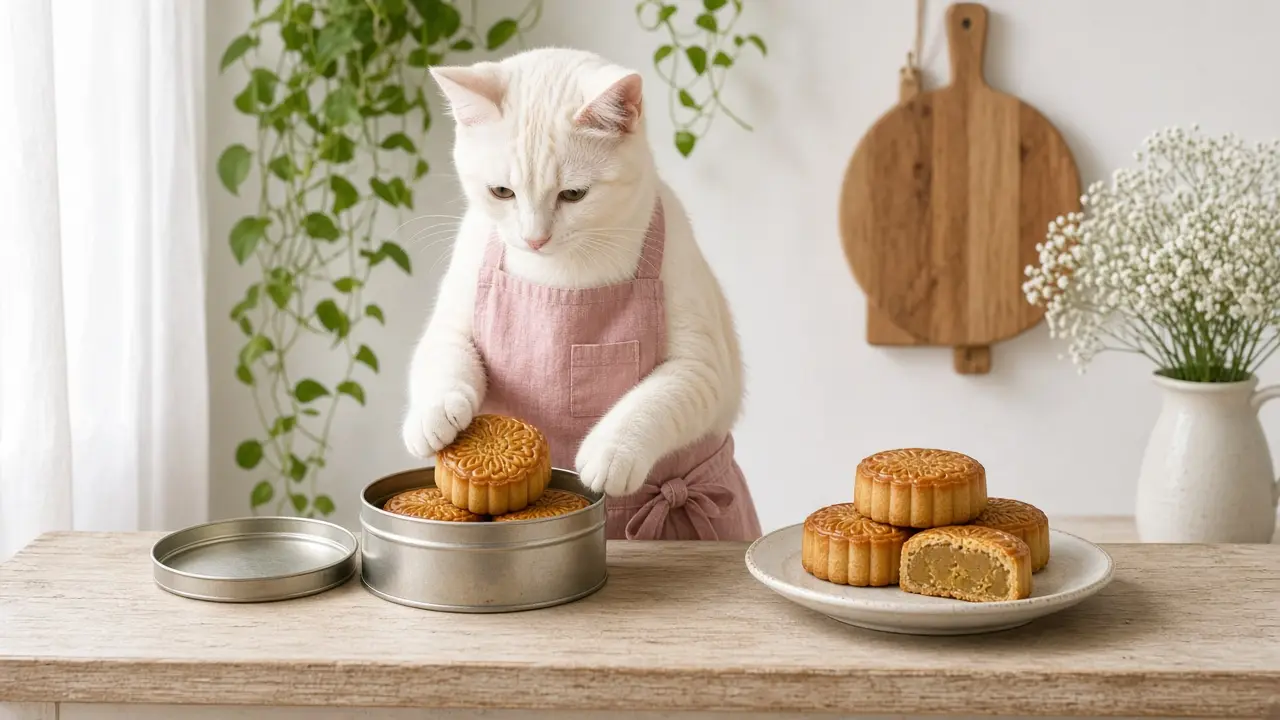 A cream-coloured cat in a pink apron, cooking this dish