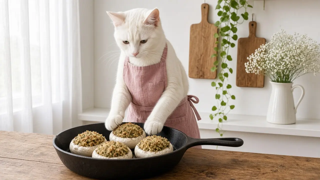 A cream-coloured cat in a pink apron, cooking this dish