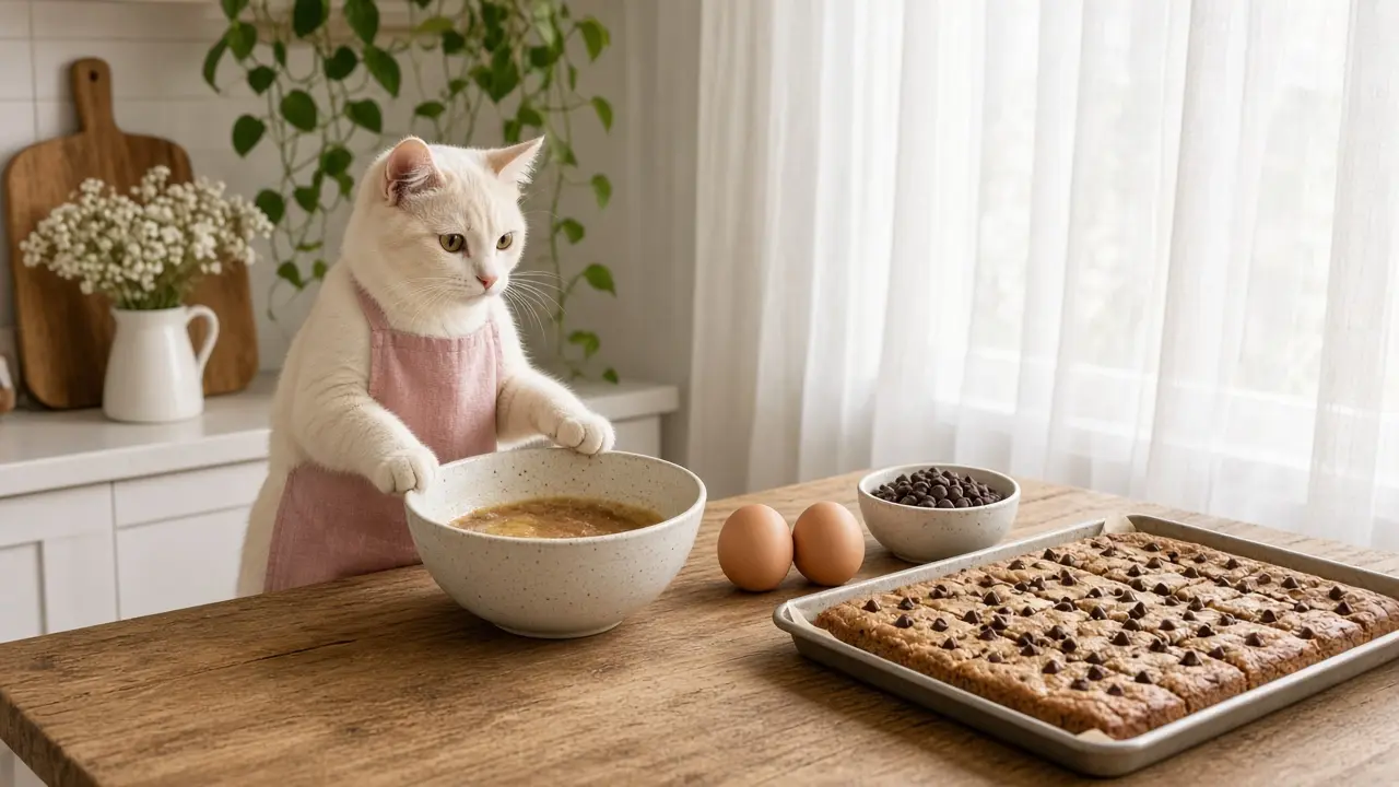 A cream-coloured cat in a pink apron, cooking this dish