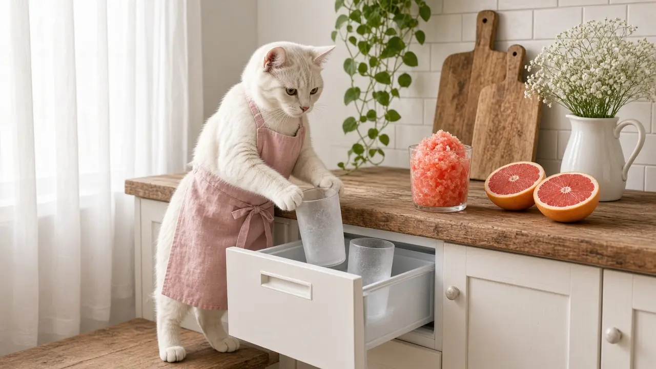 A cream-coloured cat in a pink apron, cooking this dish