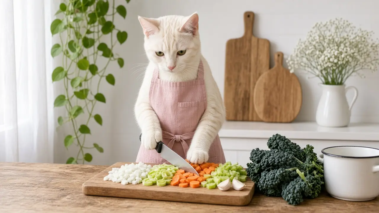 A cream-coloured cat in a pink apron, cooking this dish