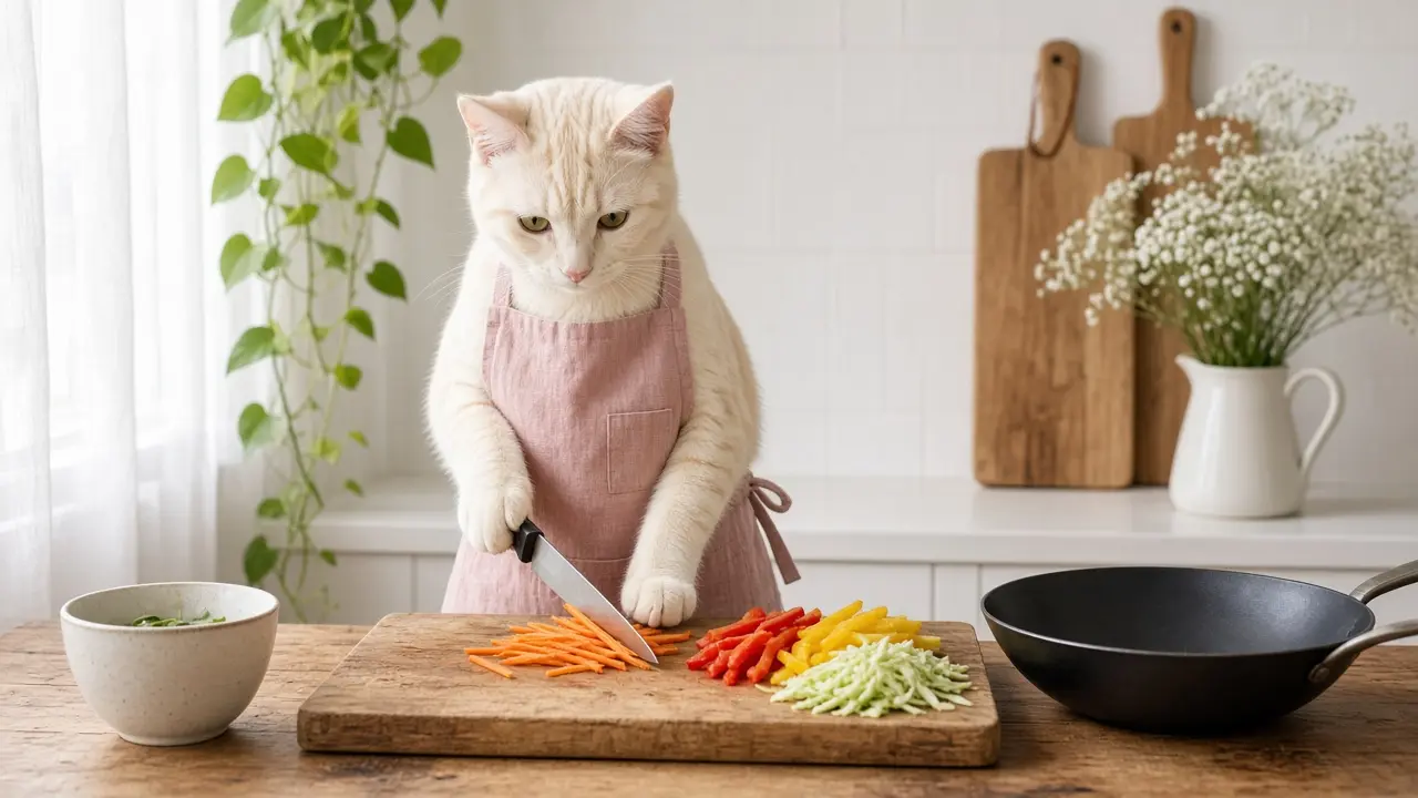 A cream-coloured cat in a pink apron, cooking this dish
