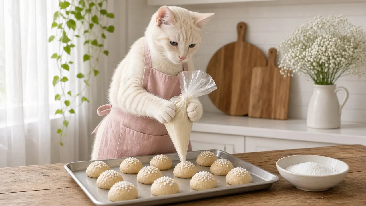 A cream-coloured cat in a pink apron, cooking this dish
