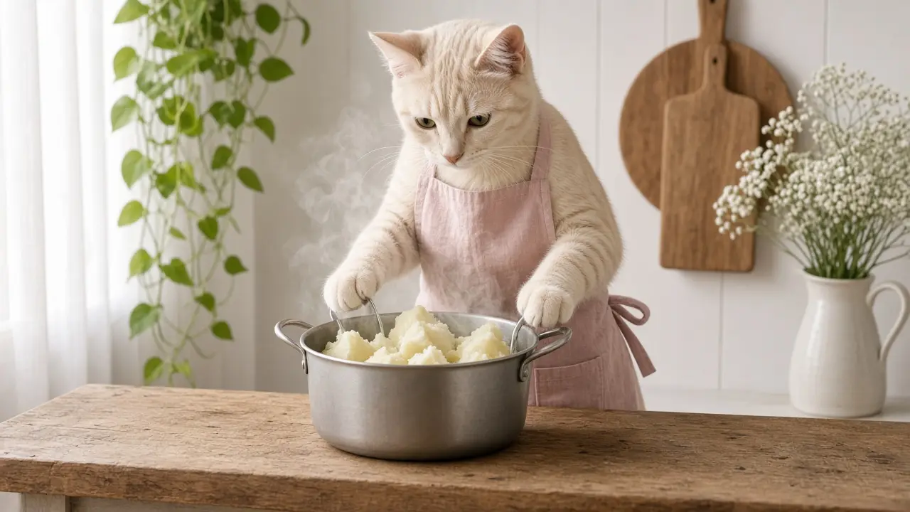 A cream-coloured cat in a pink apron, cooking this dish