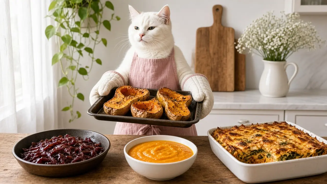 A cream-coloured cat in a pink apron, cooking this dish