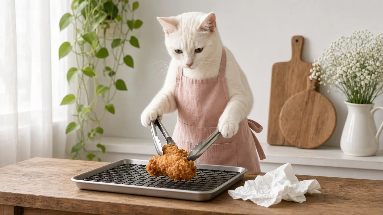 A cream-coloured cat in a pink apron, cooking this dish