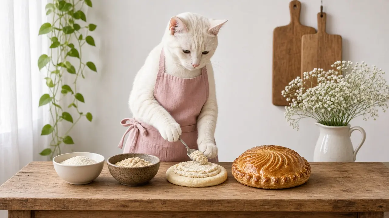 A cream-coloured cat in a pink apron, cooking this dish