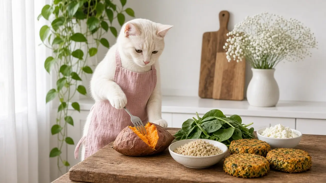 A cream-coloured cat in a pink apron, cooking this dish