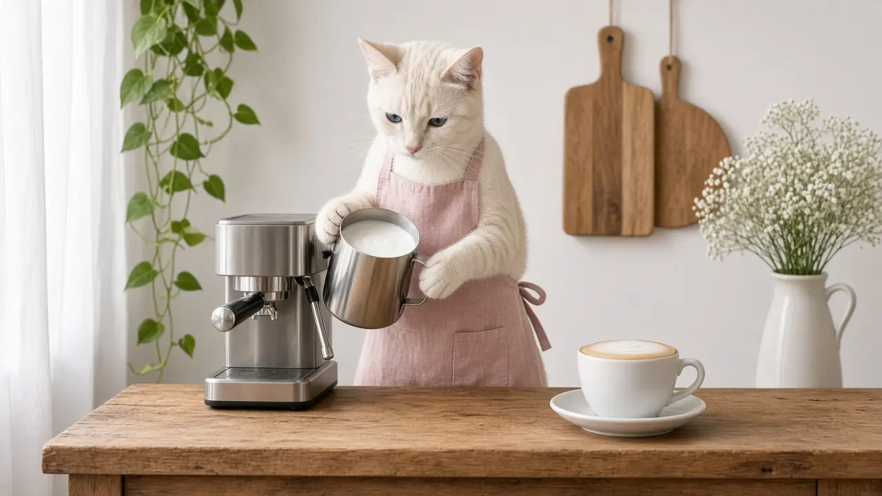 A cream-coloured cat in a pink apron, cooking this dish