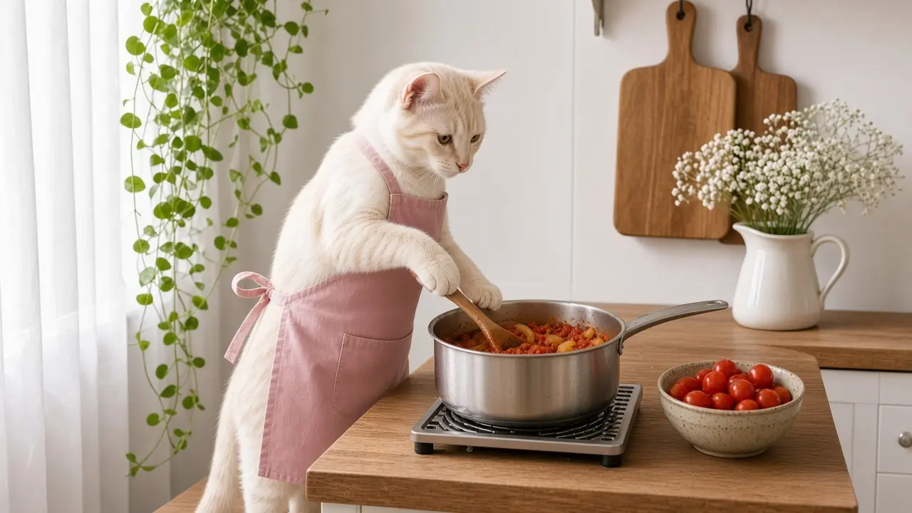 A cream-coloured cat in a pink apron, cooking this dish