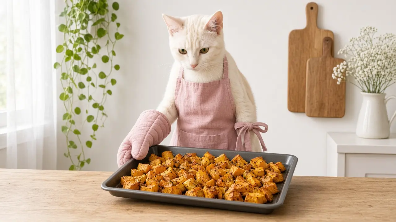 A cream-coloured cat in a pink apron, cooking this dish