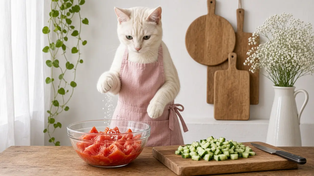 A cream-coloured cat in a pink apron, cooking this dish
