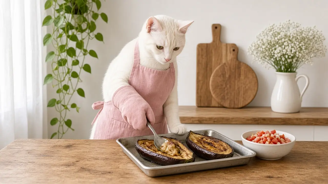 A cream-coloured cat in a pink apron, cooking this dish