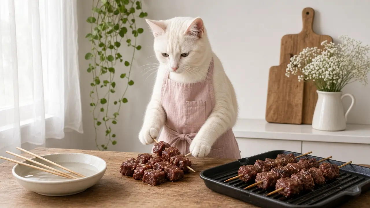 A cream-coloured cat in a pink apron, cooking this dish