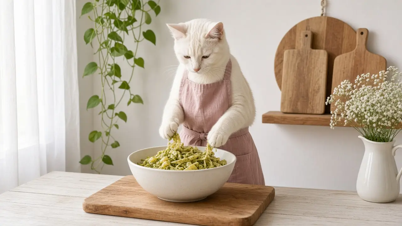 A cream-coloured cat in a pink apron, cooking this dish