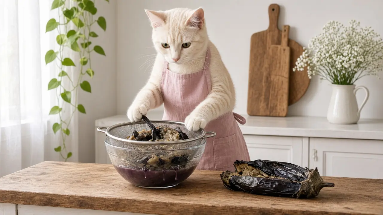 A cream-coloured cat in a pink apron, cooking this dish