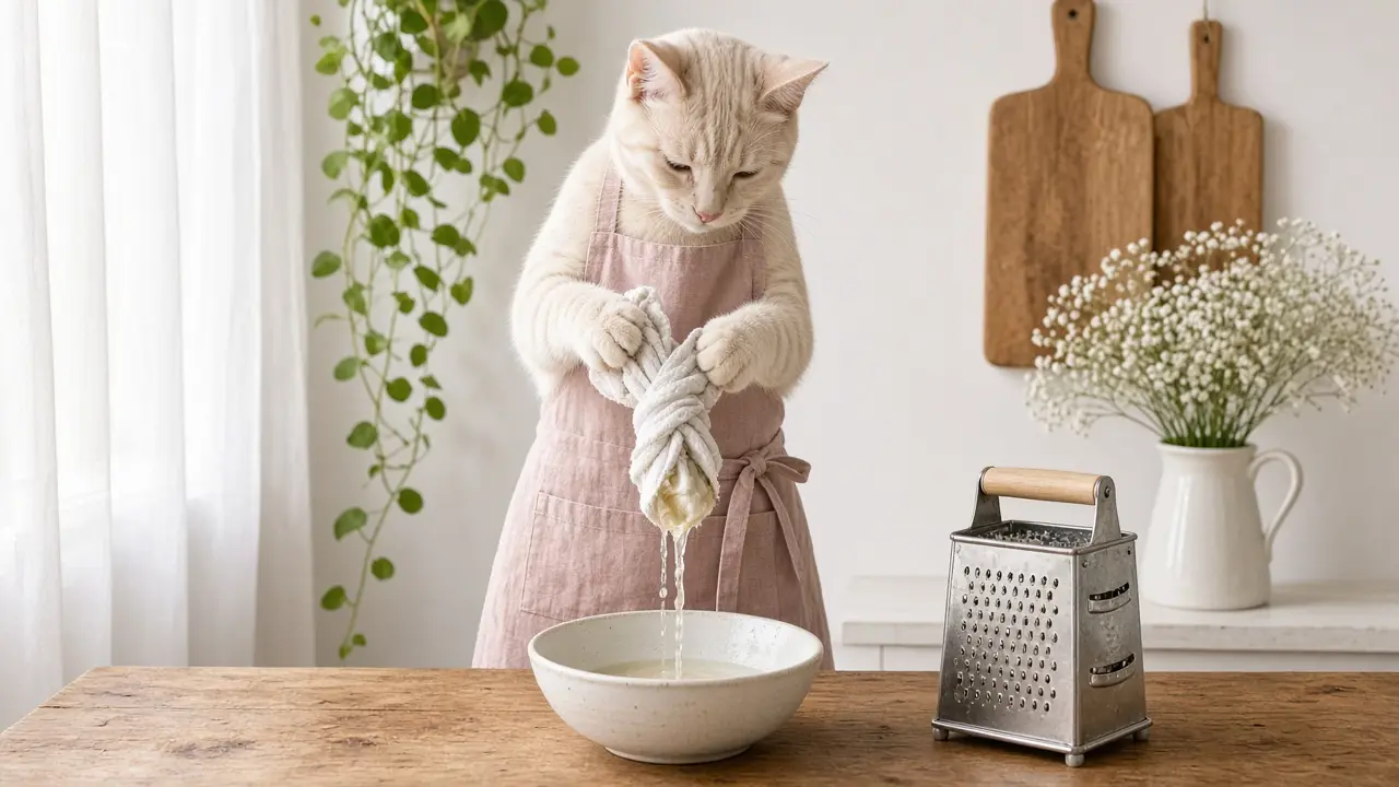 A cream-coloured cat in a pink apron, cooking this dish