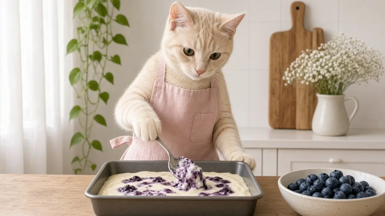 A cream-coloured cat in a pink apron, cooking this dish