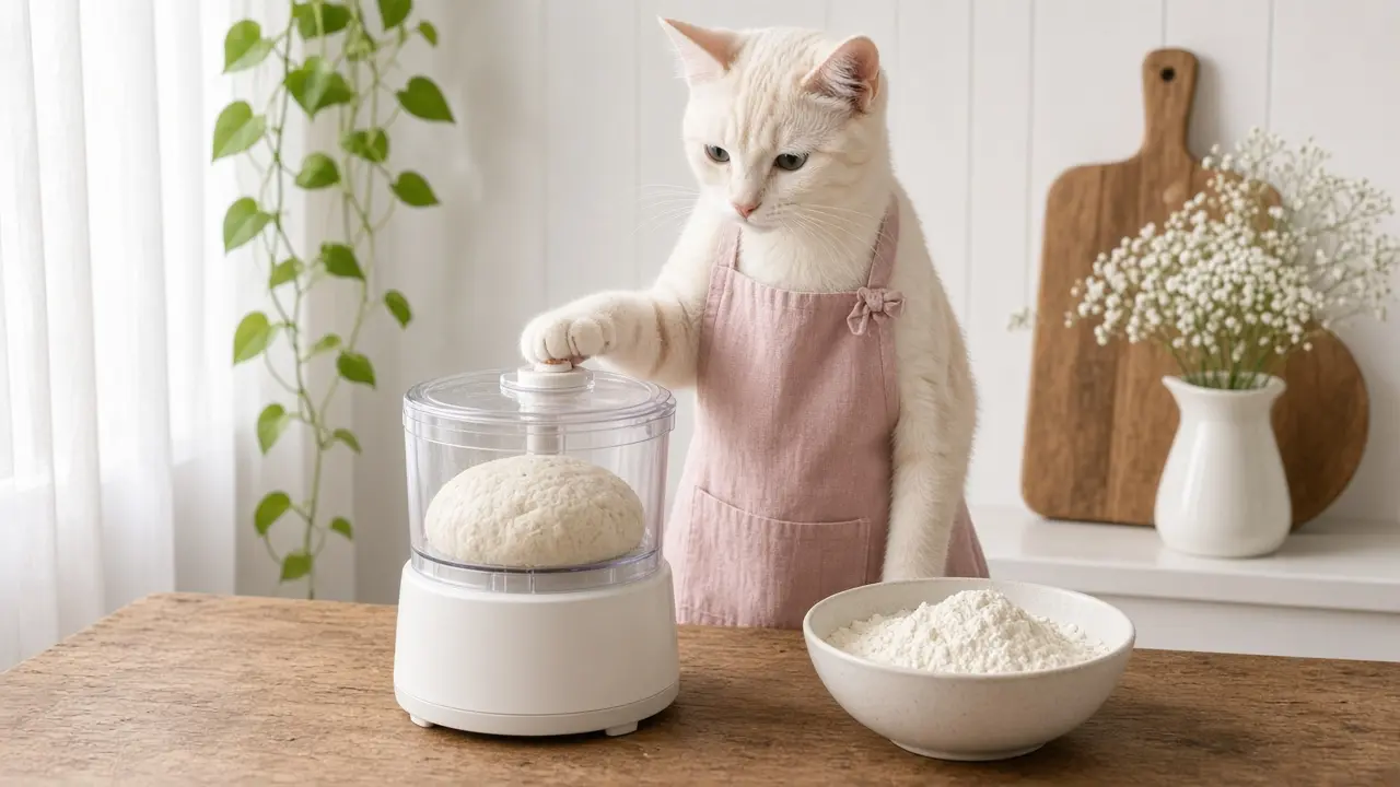 A cream-coloured cat in a pink apron, cooking this dish