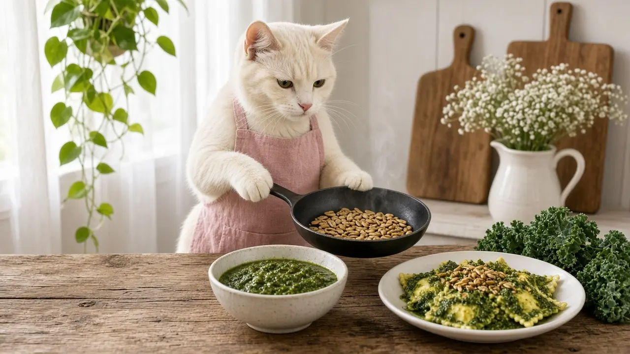 A cream-coloured cat in a pink apron, cooking this dish