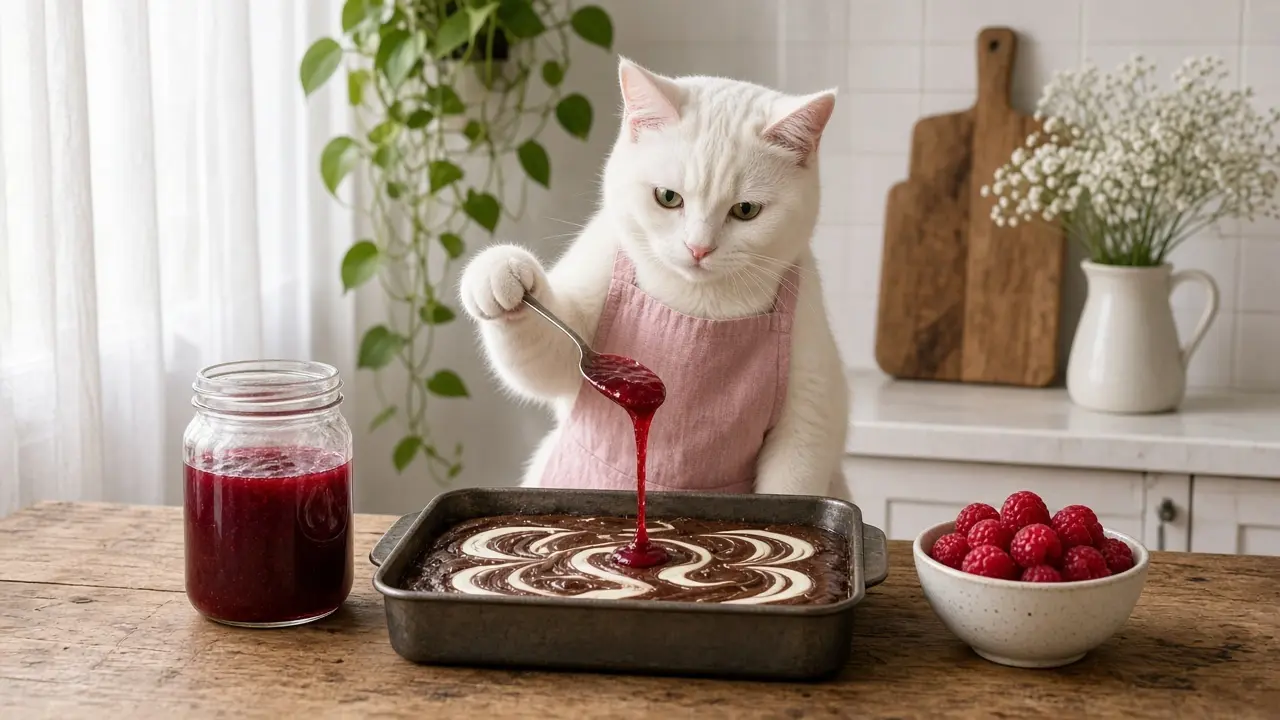 A cream-coloured cat in a pink apron, cooking this dish