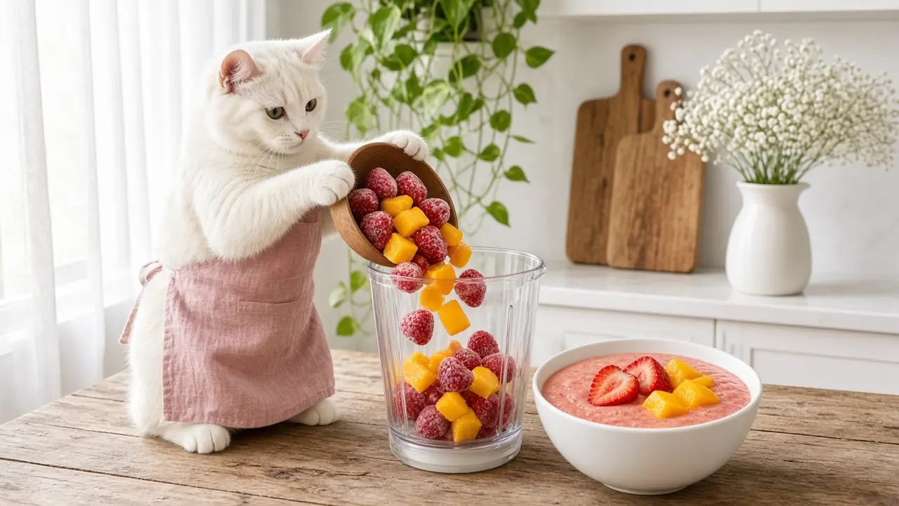 A cream-coloured cat in a pink apron, cooking this dish
