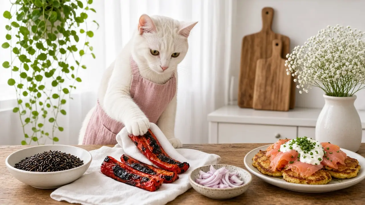 A cream-coloured cat in a pink apron, cooking this dish