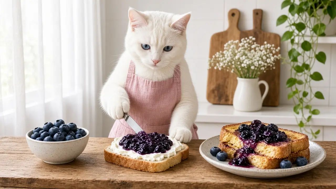 A cream-coloured cat in a pink apron, cooking this dish